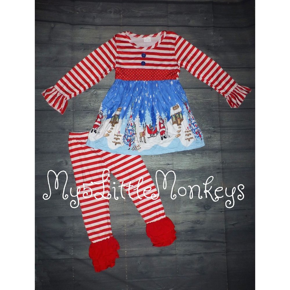 Boutique Christmas Santa's Village Tunic Dress & Leggings Girls Outfit Set